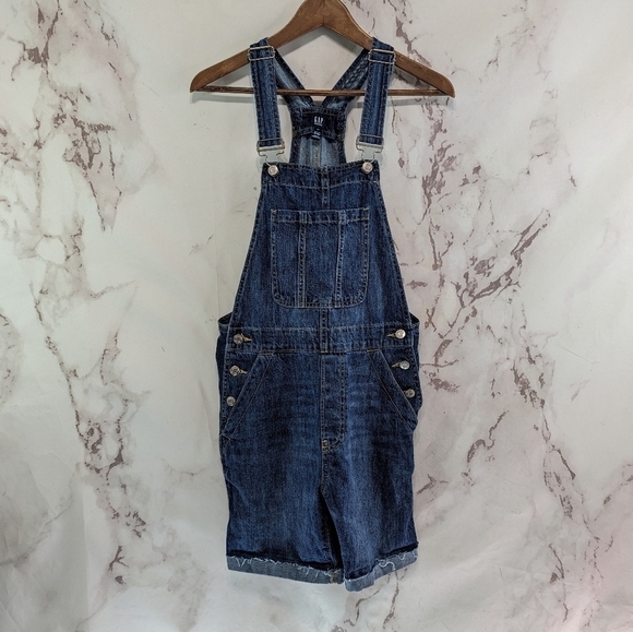 GAP Shortalls Womens XS Short Overalls Denim Jean Dark Medium Cuff Bermuda - Picture 1 of 9